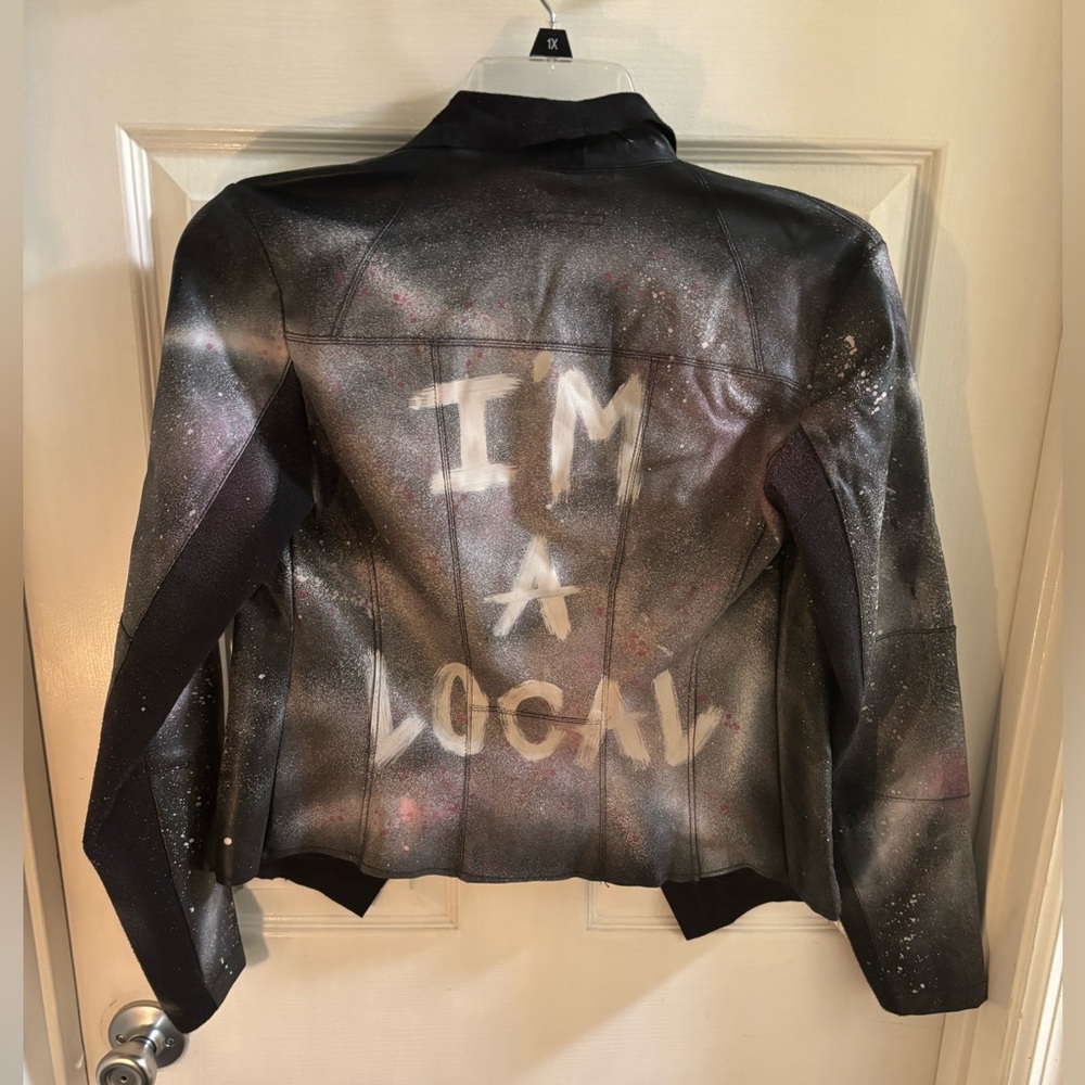 Bar III Black & Gray Faux Leather “I’m A Local” Custom Hand Painted Jacket, Sz S